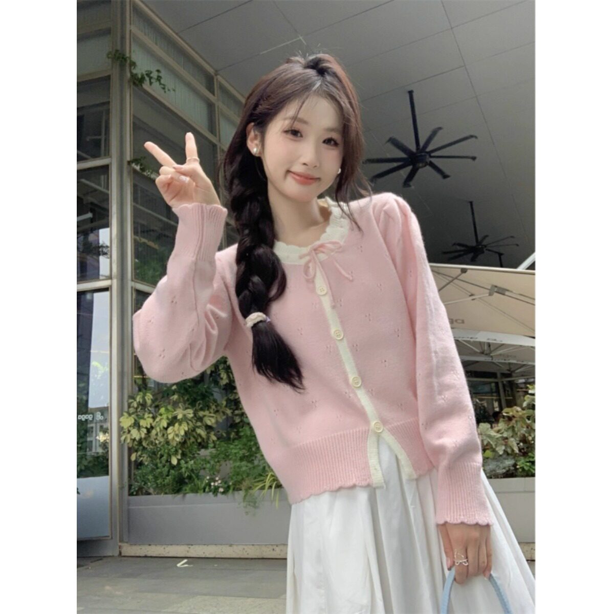 安迪绒洗水时尚温柔粉色毛衣外套女新款蝴蝶结宽松甜美针织开