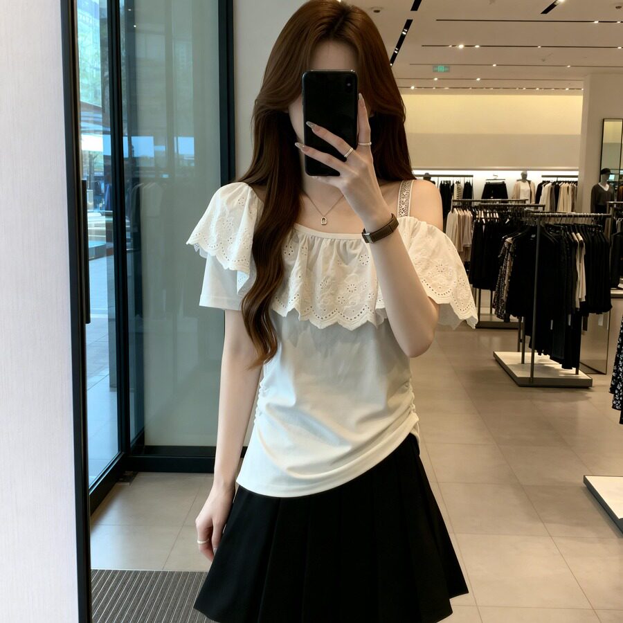 月朵依大码女装~夏季新款花瓣领漏肩百搭针织T恤胖mm休闲显瘦上衣