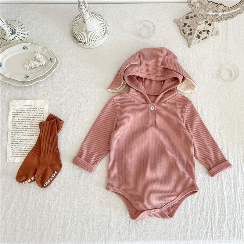 婴儿春秋衣服兔耳朵帽子长袖连体衣女宝宝超萌哈衣满月百天包皮衣