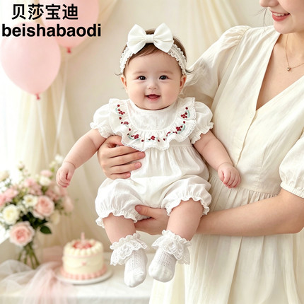 英国新生婴儿连体衣女宝宝夏季纯棉短袖花边领外出爬服洋气