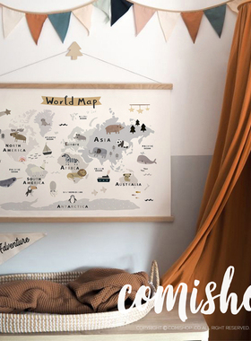 北欧同步发售儿童家居Animals world 布料画芯实木框软装壁饰