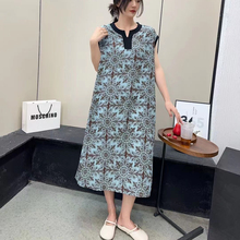 时尚拼色棉绸连衣裙女士夏季新款宽松气质高级感V领人造棉中长裙
