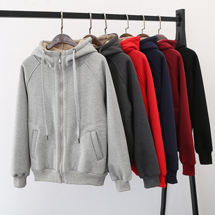 羊羔毛卫衣女2024秋冬款保暖运动短外套宽松连帽上衣加绒加厚开衫