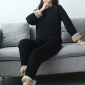 韩版 羊羔绒套装 女秋冬新款 宽松圆领套头运动服加绒加厚卫衣两件套