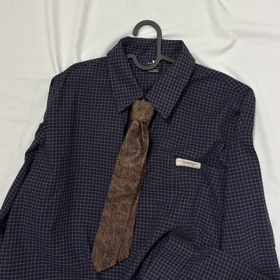 STRAPPING小格纹领带美式全棉咔叽长袖衬衫港风复古日系男女春秋