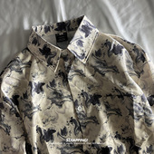 港风复古日系男女痞帅秋季 STRAPPING油墨抽象纹理碎花长袖 花衬衫