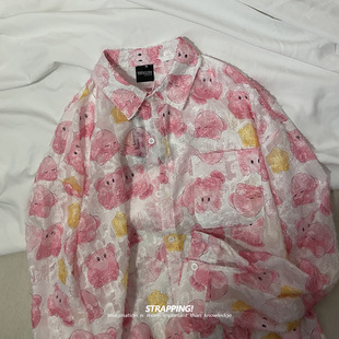 复古日系男女春秋 韩版 STRAPPING粉色卡比卡通提花勾线长袖 花衬衫