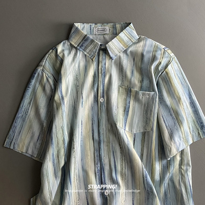 STRAPPING蓝色竖条纹印象碎花短袖花衬衫男女夏威夷泰国复古日系