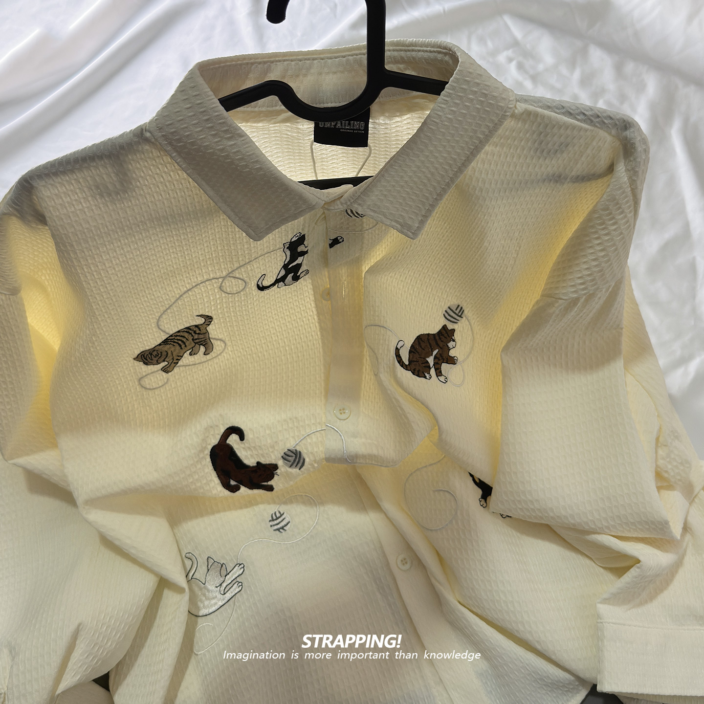 STRAPPING小猫咪日式刺绣涤纶长袖衬衫男女日系复古港风潮流街头