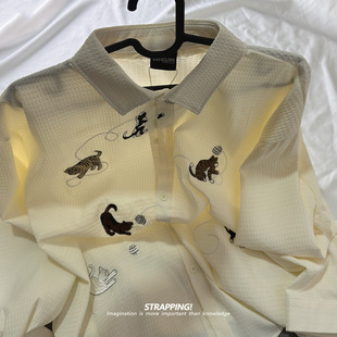 男女日系复古港风潮流街头 衬衫 STRAPPING小猫咪日式 刺绣涤纶长袖