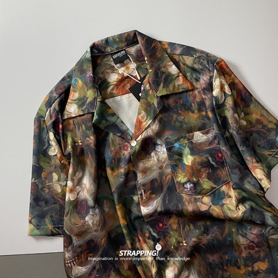 STRAPPING末世骷髅 植物古巴领短袖花衬衫男女复古夏威夷日系港风