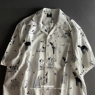 #狗子黑白卡通涂鸦古巴领短袖花衬衫男女OS夏威夷日系复古