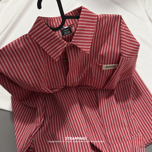 STRAPPING竖条纹基础美式咔叽棉质长袖衬衫港风复古日系男女春秋