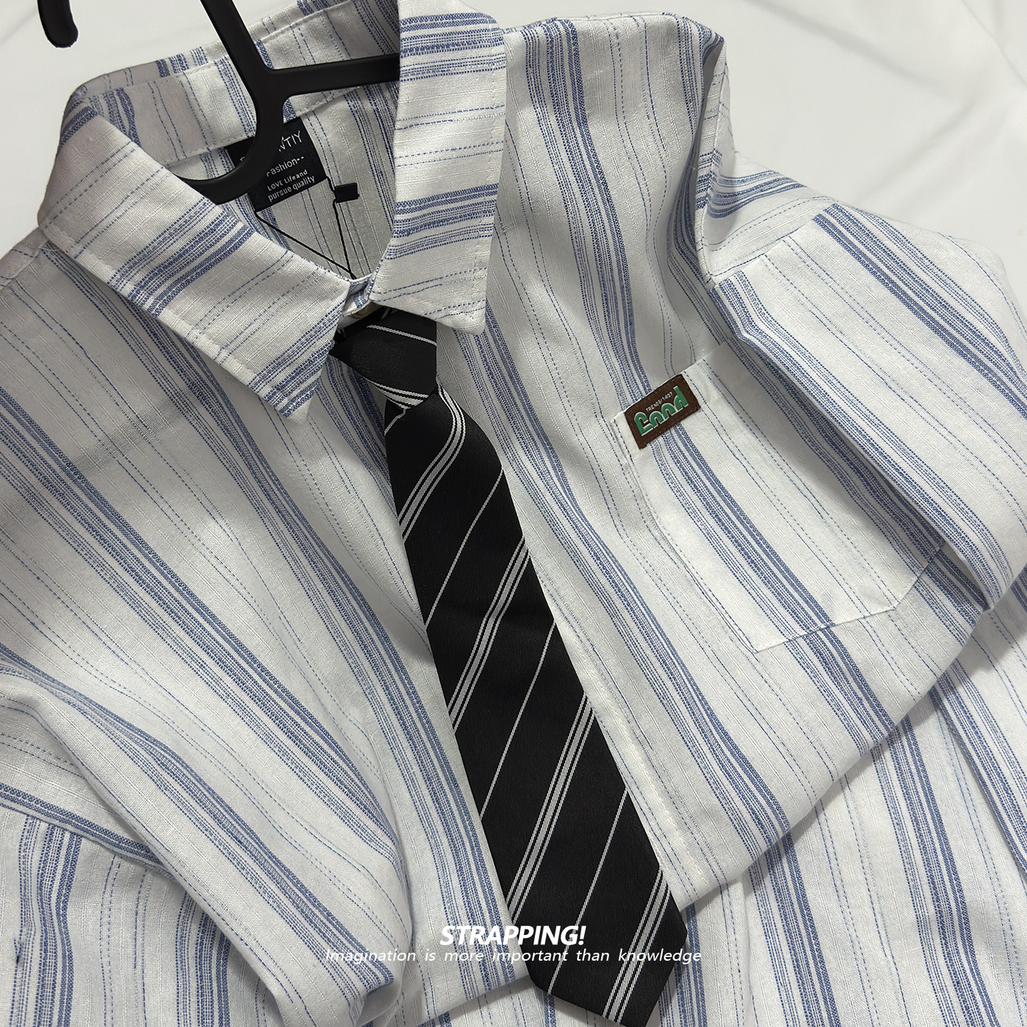 STRAPPING竖条纹棉麻学院风领带INS长袖衬衫港风复古日系男女春秋