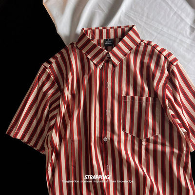 美式竖条纹短袖花衬衫