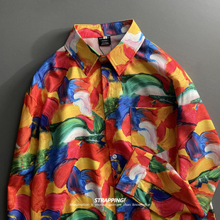 STRAPPING油画撞色涂鸦碎花长袖花衬衫港风复古日系男女痞帅春秋