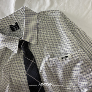 男女日系 衬衫 STRAPPING港风灰白小格子领带文艺全棉复古夏季 短袖