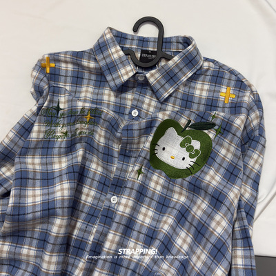 STRAPPING hello Kitty卡通格子长袖衬衫男女日系复古港风潮流