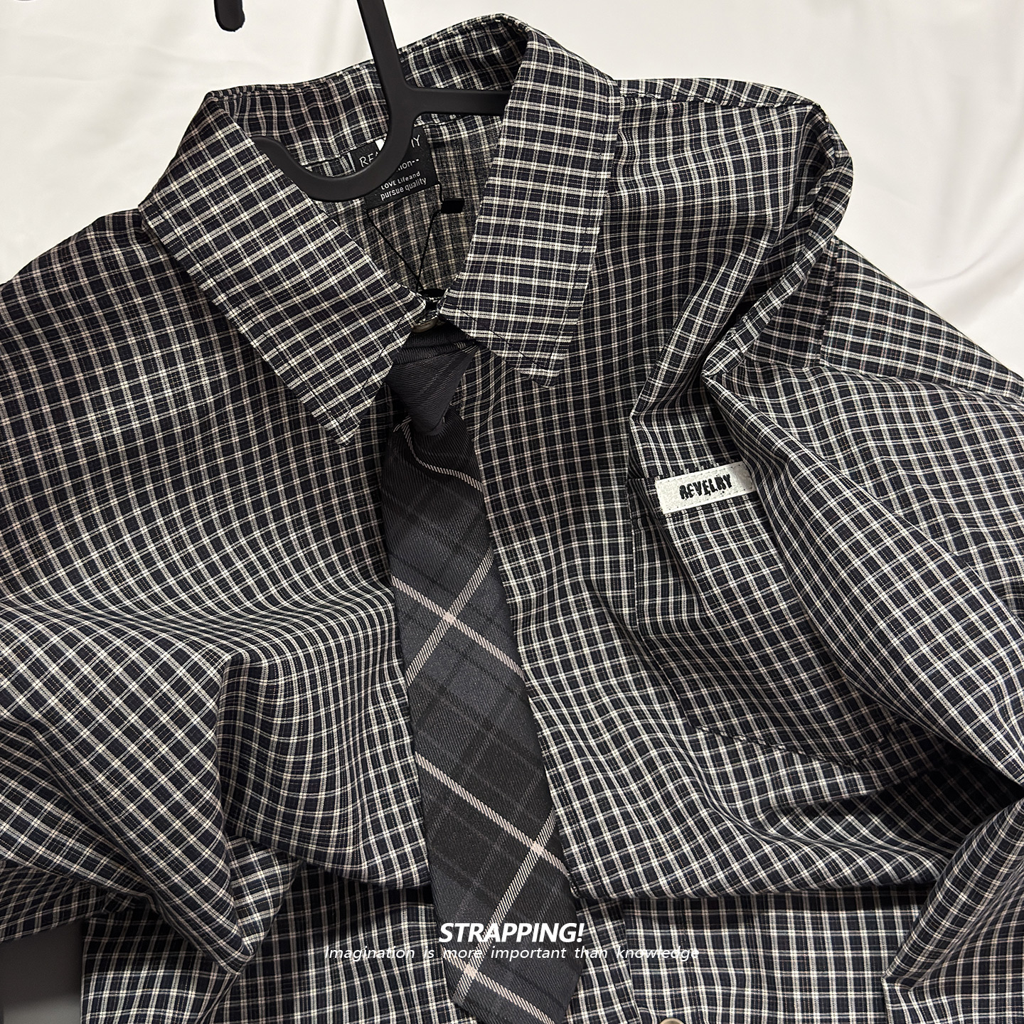 STRAPPING小格子学院风领带INS全棉长袖衬衫港风复古日系男女春秋