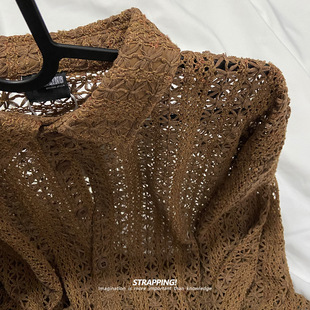 STRAPPING棕咖花纹镂空涤纶长袖衬衫男女日系复古港风潮流街头