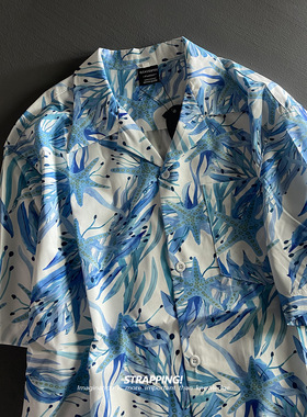 STRAPPING田园植物碎花古巴领短袖花衬衫男女夏威夷日系复古港风