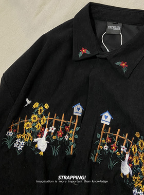 STRAPPING刺绣田园花朵灯芯绒复古长袖衬衫港风日系男女痞帅秋