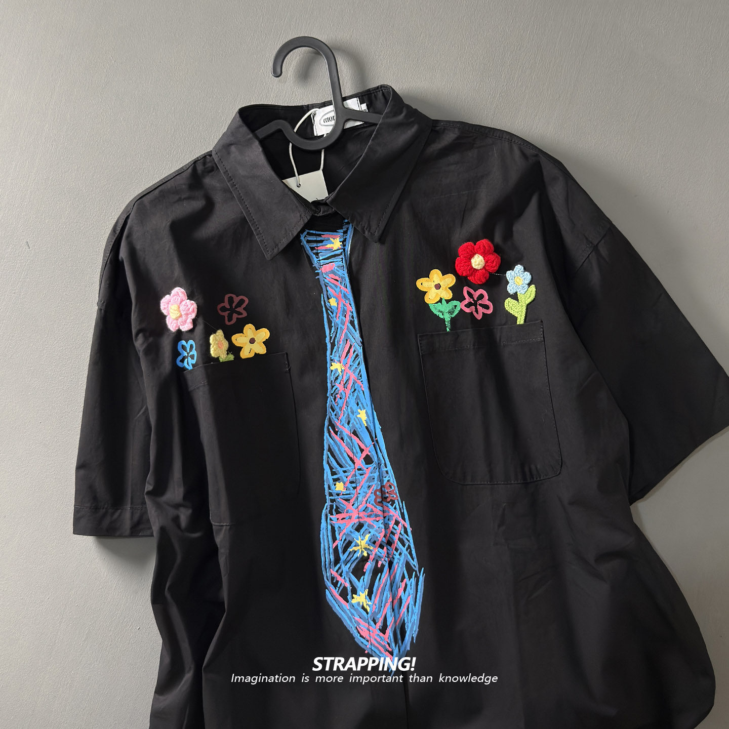 STRAPPING涂鸦花朵假领带恶搞短袖全棉衬衫日系复古男女痞帅港风