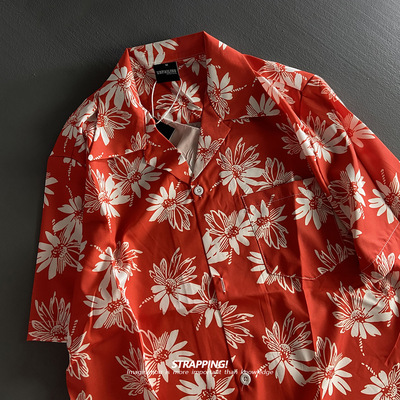 STRAPPING红底雏菊花卉古巴领短袖花衬衫男女夏威夷泰国日系复古