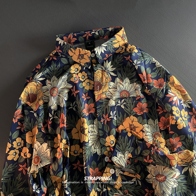 浮世绘线描花卉长袖花衬衫