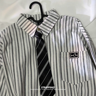 STRAPPING竖条纹领带学院风全棉INS长袖衬衫港风复古日系男女春秋