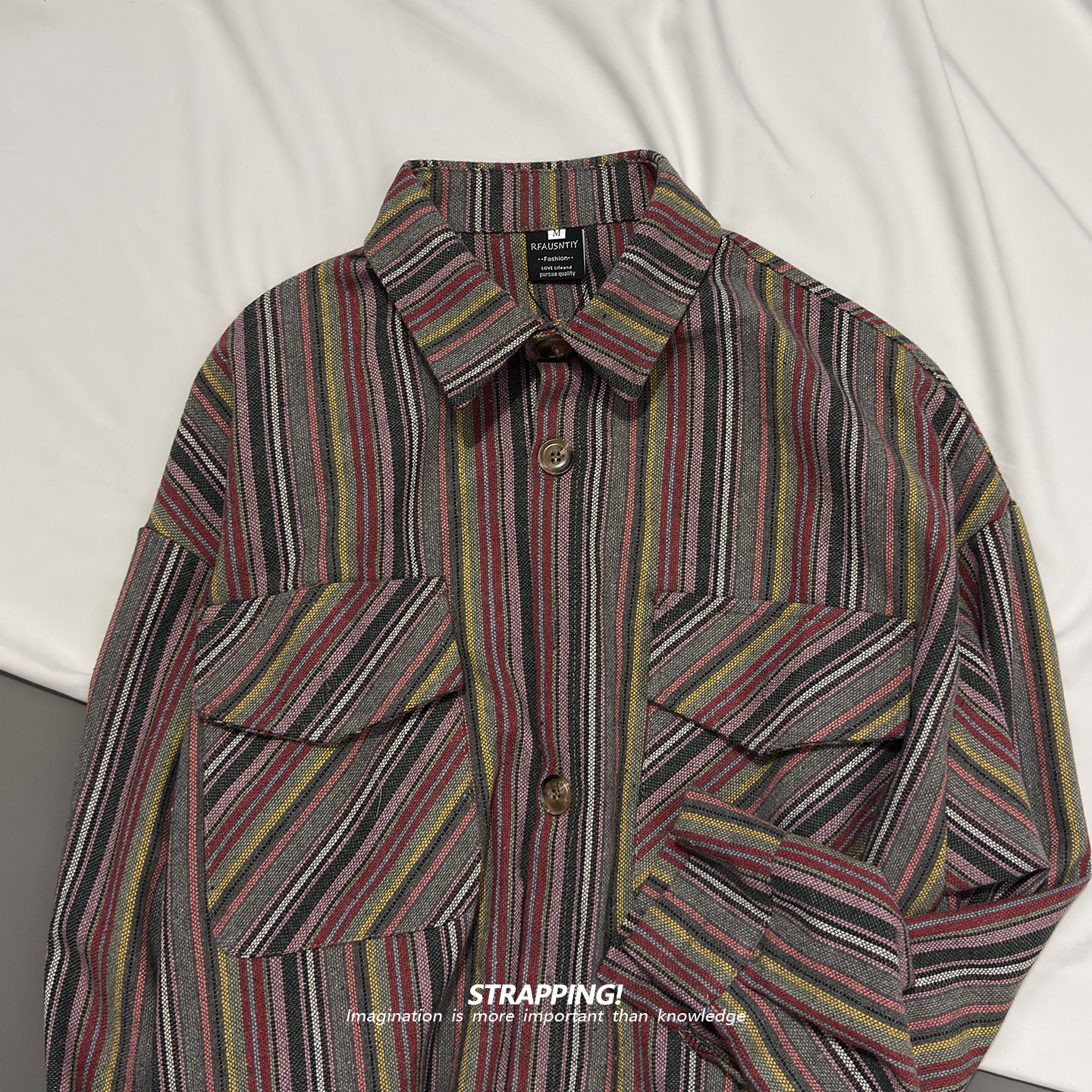 STRAPPING口袋工装竖条纹咔叽街头长袖衬衫港风复古日系男女春秋