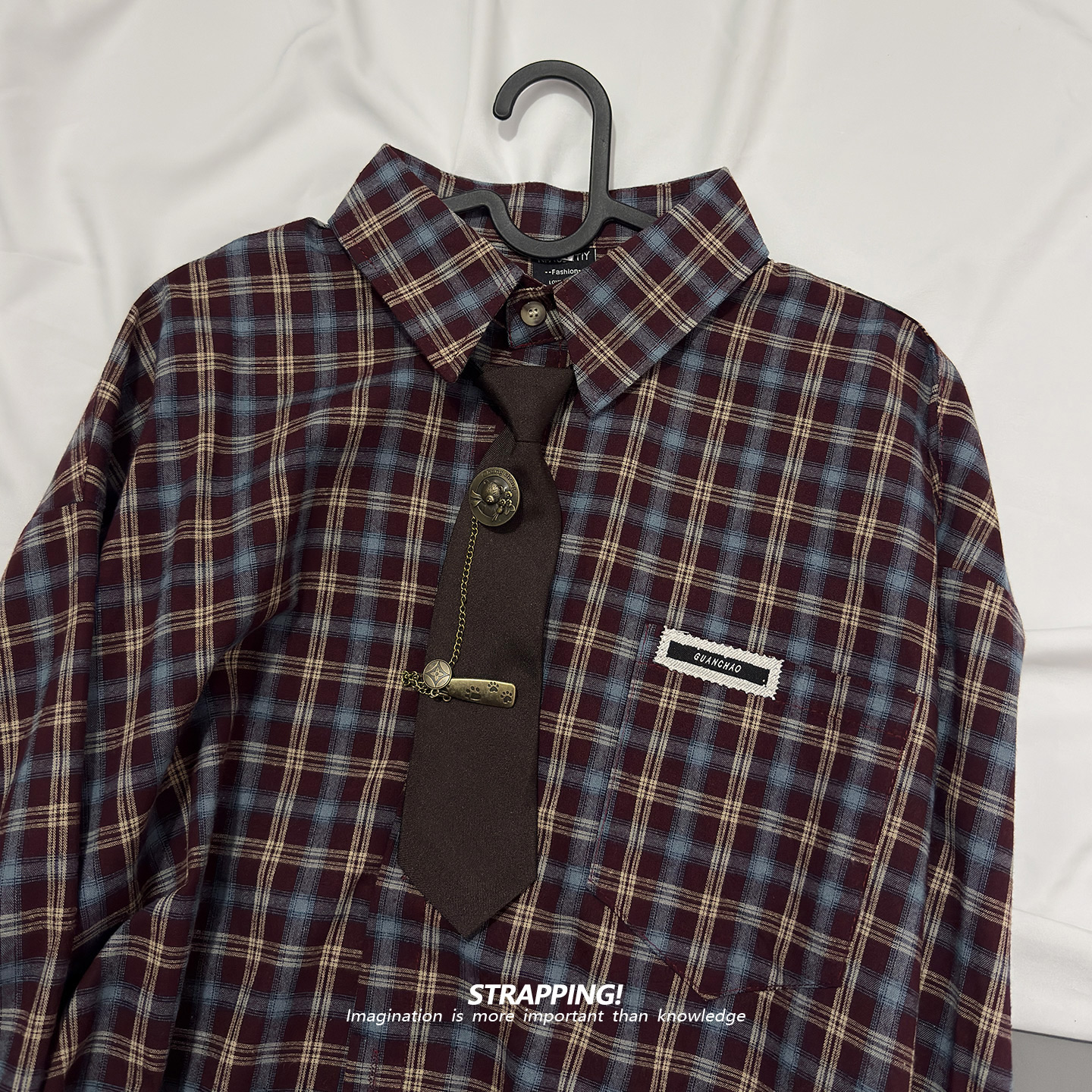 STRAPPING领带格纹美式咔叽INS棉质长袖衬衫港风复古日系男女春秋