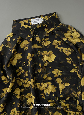 STRAPPING黑色金色油画碎花短袖花衬衫男女夏威夷泰国复古日系