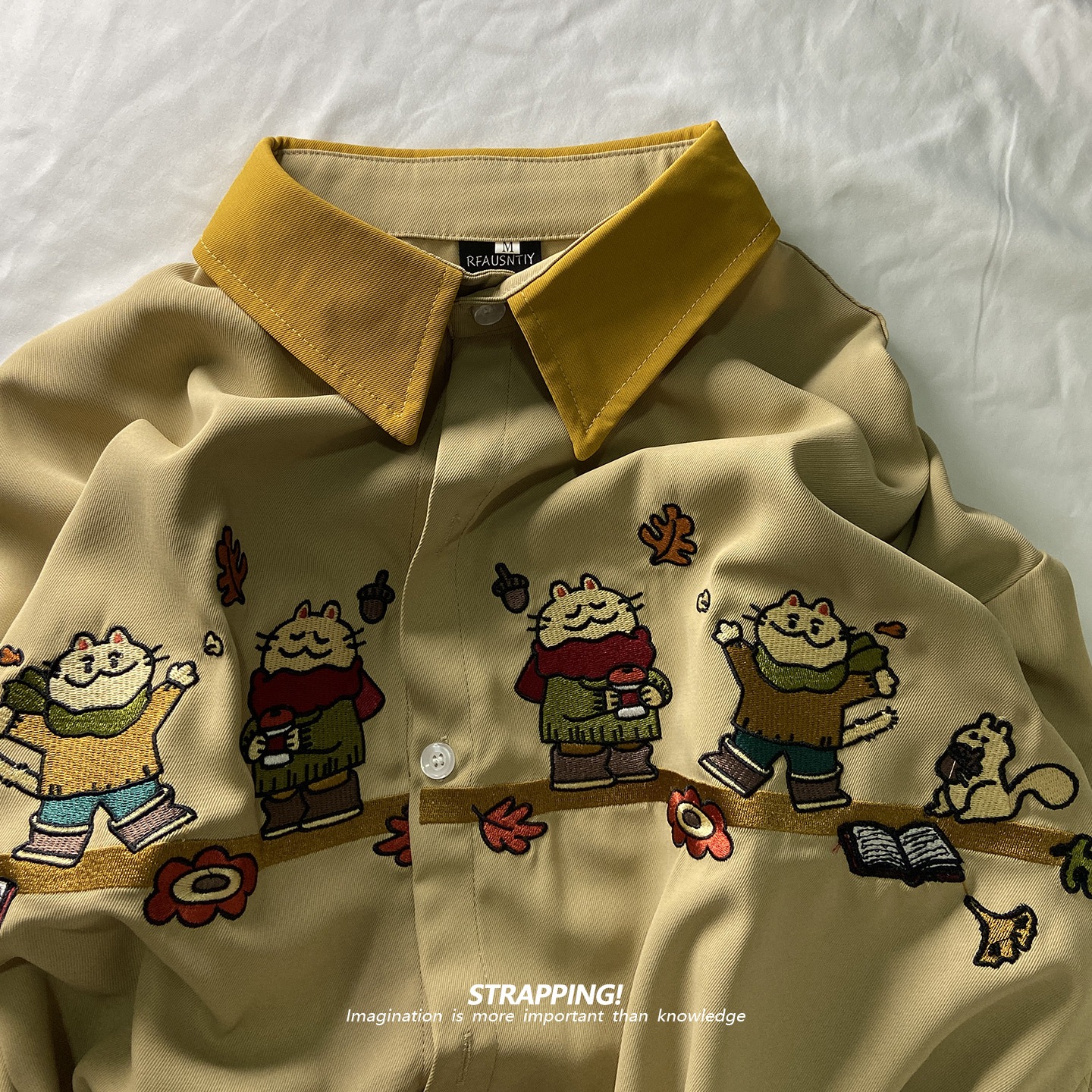 STRAPPING童趣猫咪绣花涤纶长袖衬衫港风复古日系男女痞帅春秋