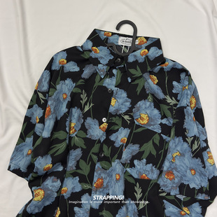 STRAPPING黑底水墨蓝花卉碎花短袖花衬衫男女夏威夷泰国复古日系