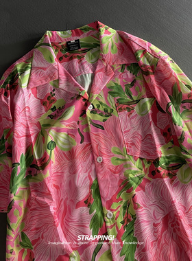 STRAPPING粉红涂鸦花卉古巴领短袖花衬衫男女夏威夷日系复古港风