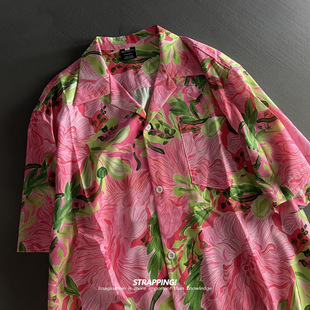 STRAPPING粉红涂鸦花卉古巴领短袖花衬衫男女夏威夷日系复古港风