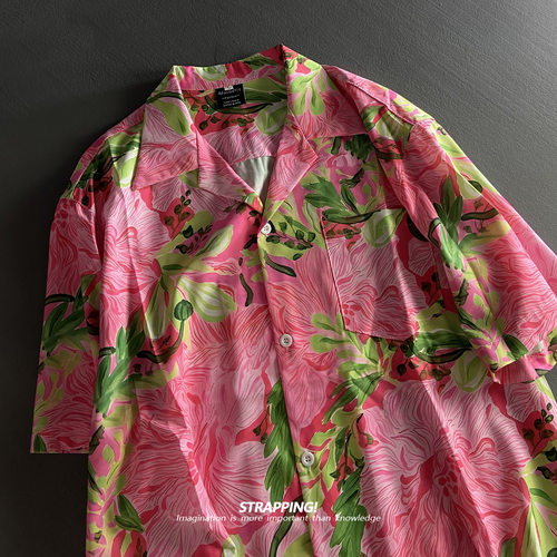 STRAPPING粉红涂鸦花卉古巴领短袖花衬衫男女夏威夷日系复古港风