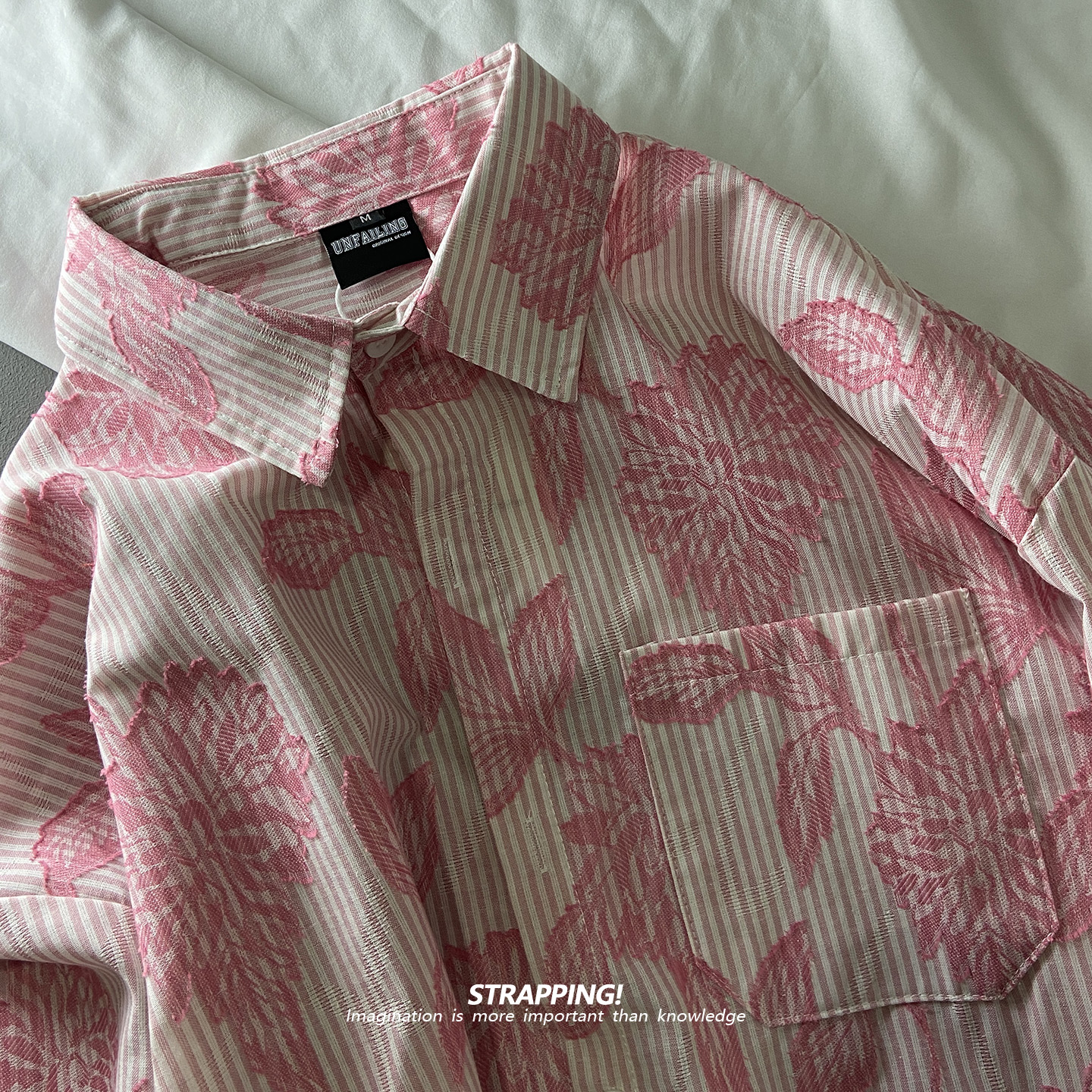 STRAPPING竖条纹花卉提花棉质长袖衬衫日系复古男女INS宽松文艺