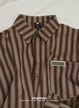 STRAPPING美式竖条纹全棉咔叽长袖衬衫港风复古日系男女春秋街头