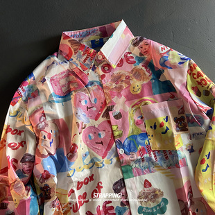 港风复古vintage日系男女痞帅秋 花衬衫 STRAPPING美式 桃心涂鸦长袖