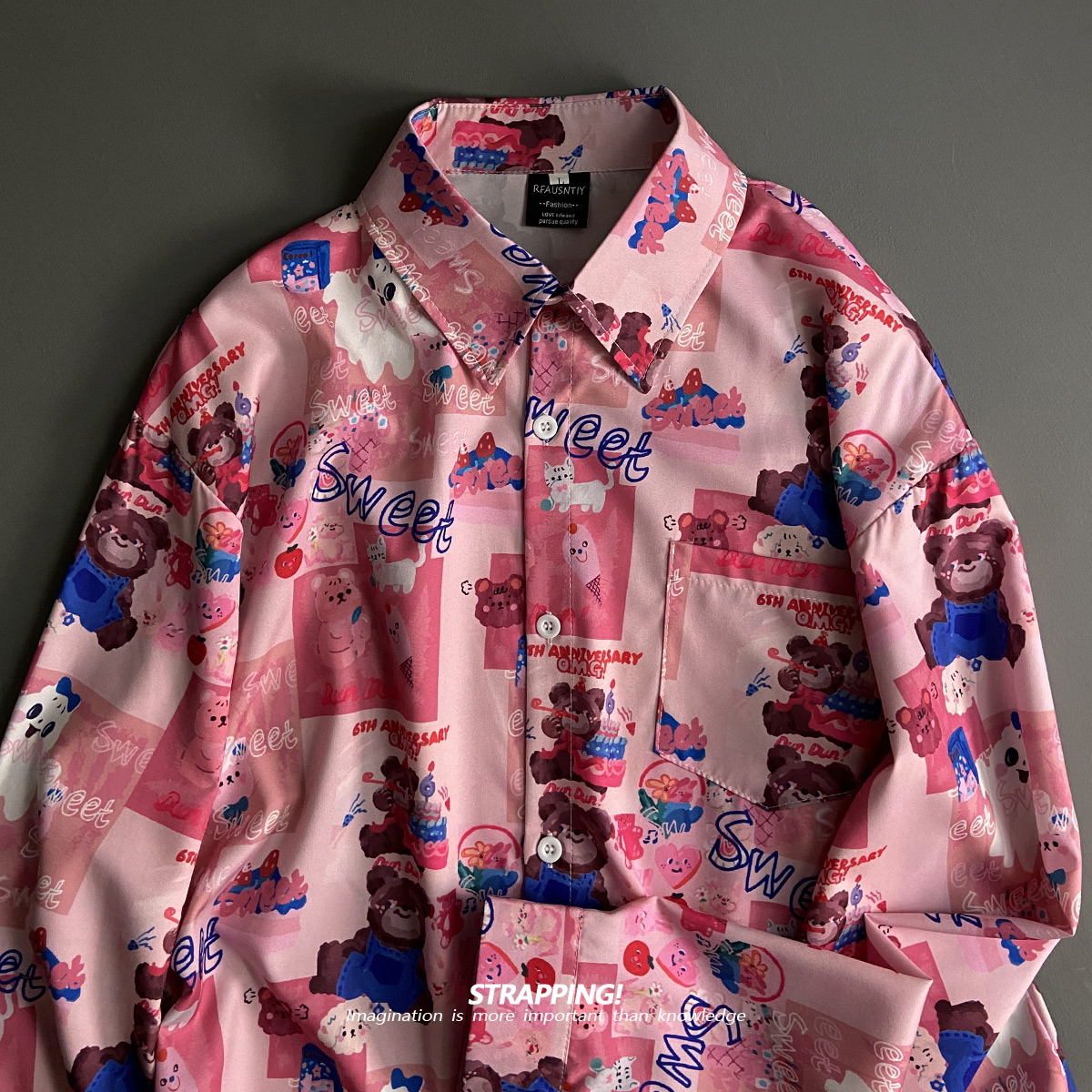 STRAPPING粉色卡通小熊INS碎花长袖衬衫港风复古日系男女痞帅春秋