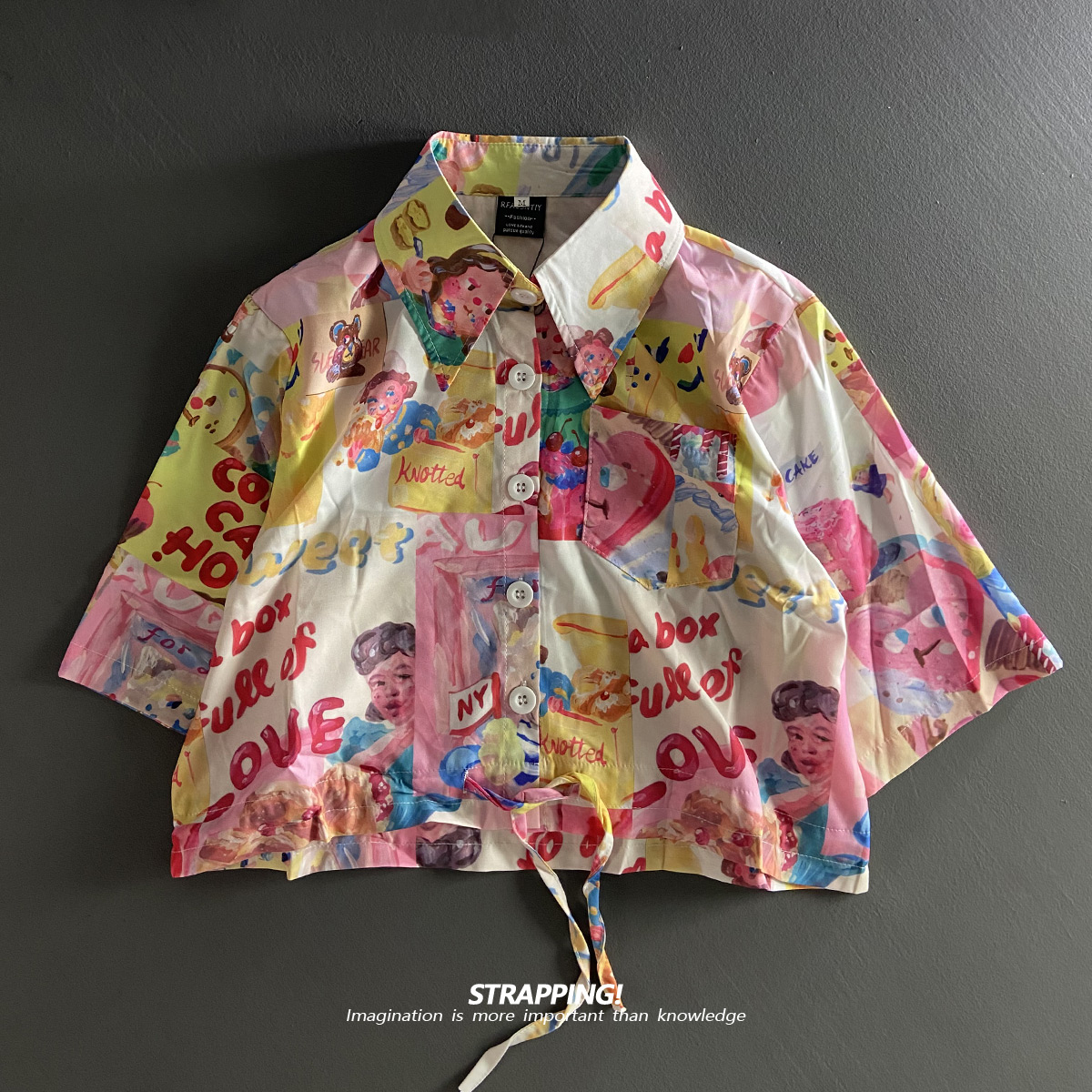 STRAPPING美式卡通油画女士花衬衫短袖绑带短款港风夏威夷日系