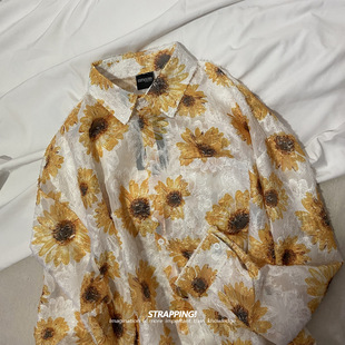 复古日系男女春秋 韩版 STRAPPING田园雏菊碎花提花勾线长袖 花衬衫