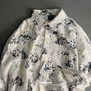 复古日系男女春秋 韩版 STRAPPING熊猫中国风提花勾线长袖 花衬衫