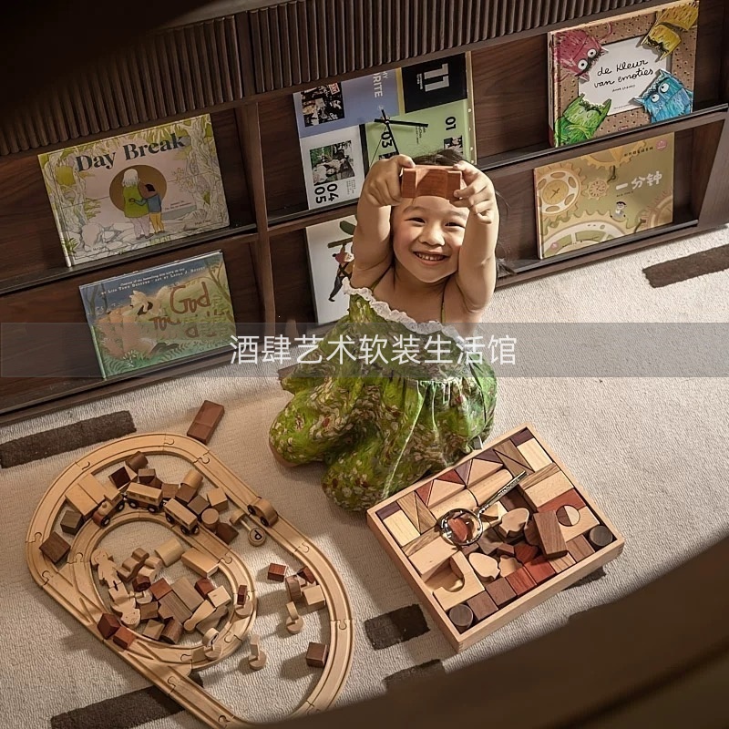 现代简约样板间儿童房玩耍区积木玩具软装摆件漫画书籍创意搭配