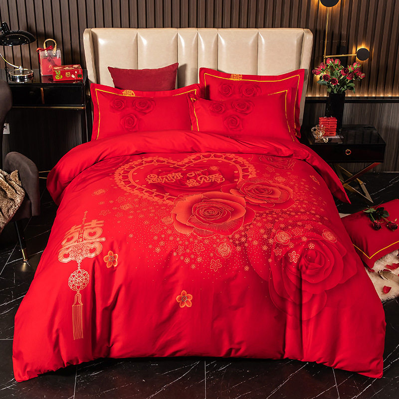 COTTON WEDDING FOUR-PIECE SET BIG RED BRUSHED WEDDING BEDDING 2022 COTTON DRAGON AND PHOENIX WEDDING BEDDING 4-PIECE SET