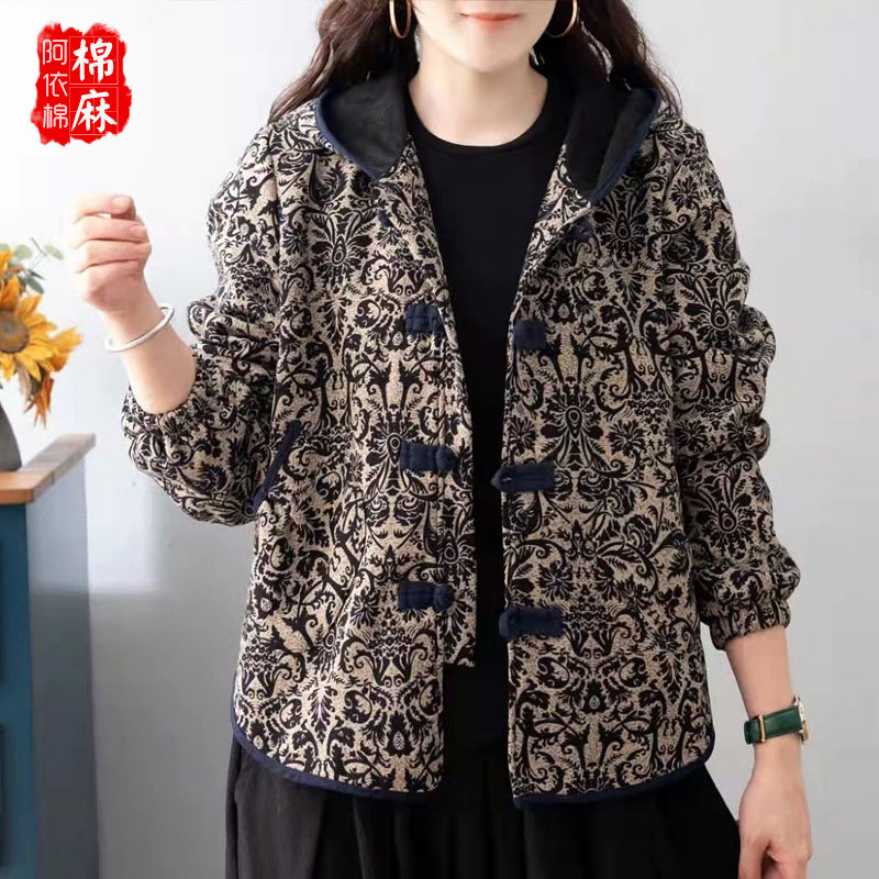 新款加绒连帽短款外套盘扣长袖开衫碎花保暖棉麻宽松外套女春秋装,女装/女士精品,短外套,淘宝优惠券,粉丝福利购,淘宝优惠卷