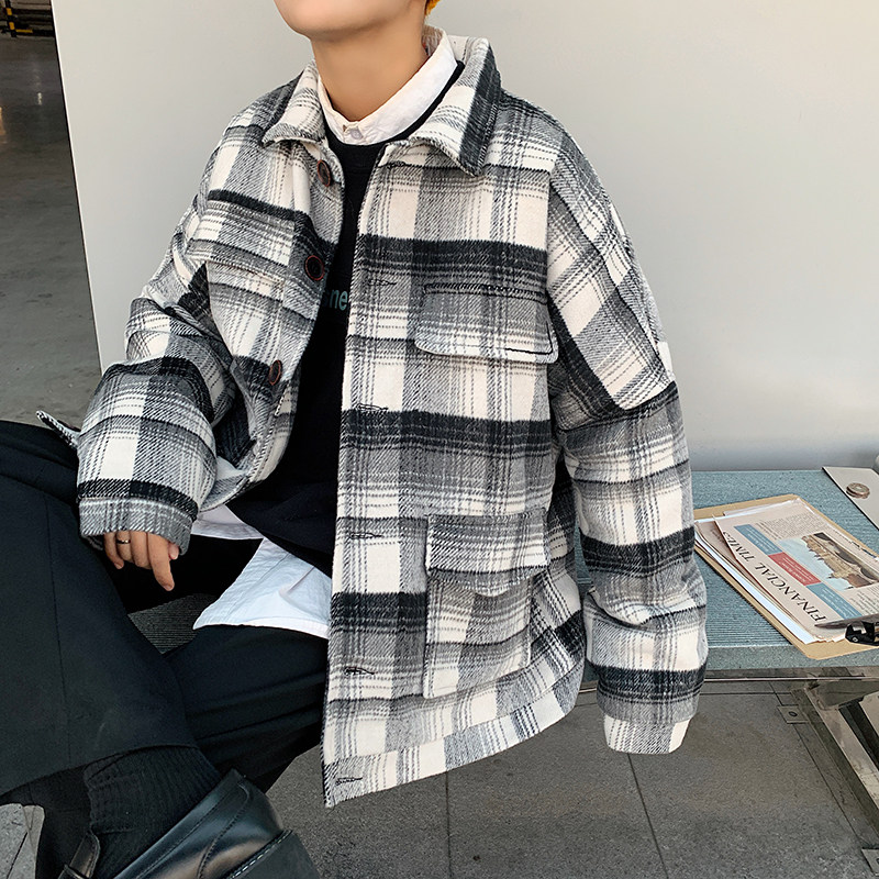 2021格子加厚呢子大衣港风宽松呢料夹克情侣短款风衣外套J509-P90,男装毛呢大衣,电商A157-1