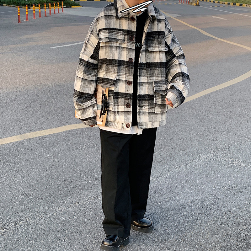 2021格子加厚呢子大衣港风宽松呢料夹克情侣短款风衣外套J509-P90,男装毛呢大衣,电商A157-1